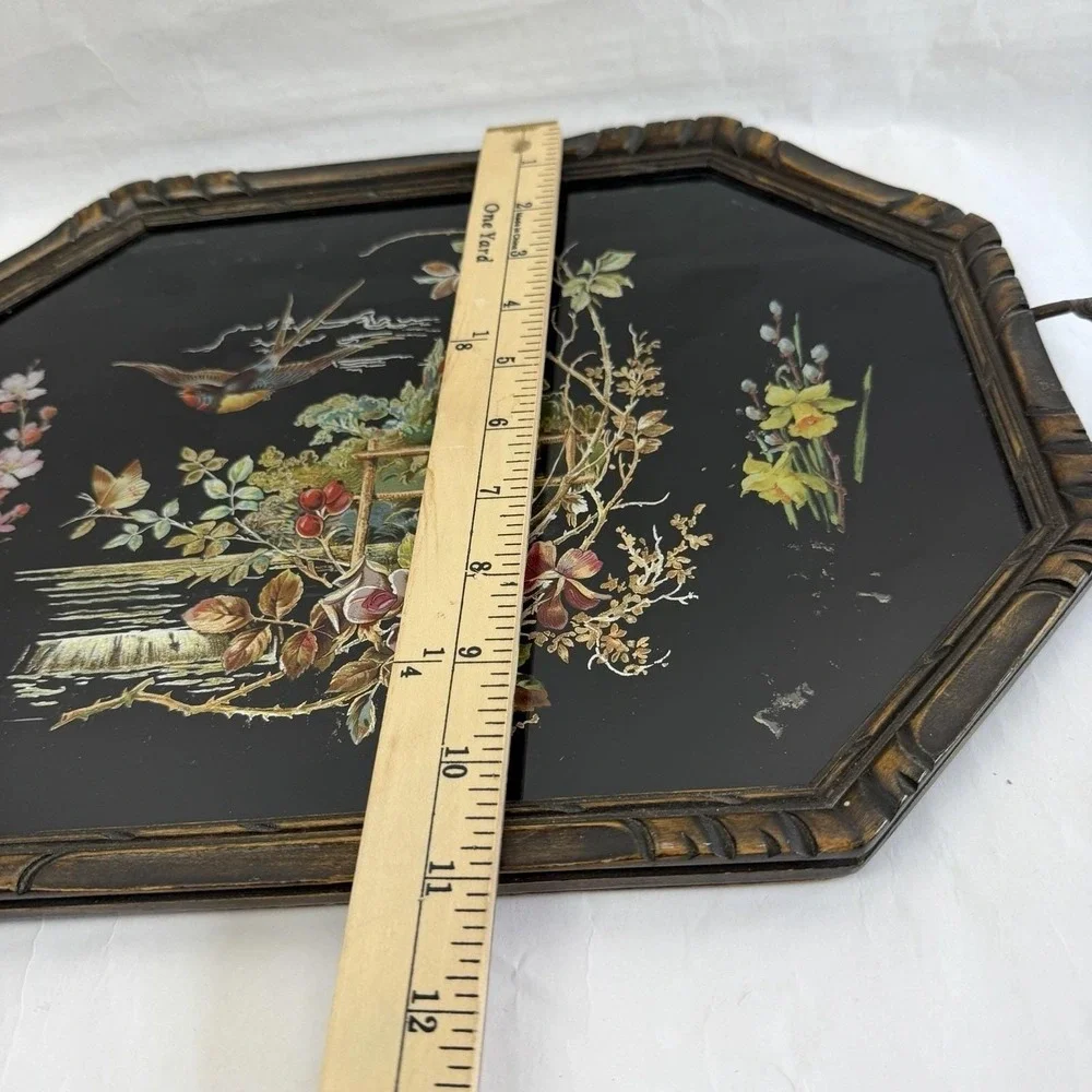 Vintage Dark Floral Tray Glass Top Moody Decor Bird Victorian Revival Black